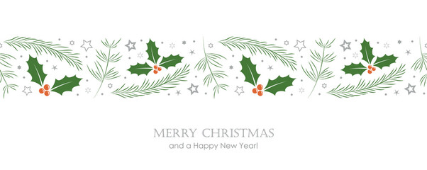 Wall Mural - christmas greeting card banner with fir branches and holly berry border