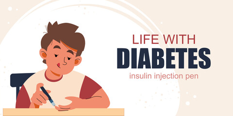 Diabetes children and healthcare concept. Cute child boy checking blood sugar level, using insulin pen with finger for blood state control vector illustration. Kids testing blood for glucose banner.