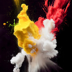 Poster - Explosion of colors. Colored powder, paint splash and ink on black background. Abstract art. Red, Yellow, and White colors. Render