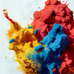 Poster - Explosion of colors. Colored powder, paint splash and ink on white background. Abstract art. Red, Yellow and Blue colors. Render