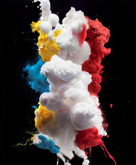 Poster - Explosion of colors. Cloud pillar of colored powder, paint and ink isolated on black. Abstract art. White, Red, Yellow and Blue colors. Render