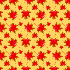 Canvas Print - Pattern of autumn. Autumn red maple leaves.  Pattern of autumn red maple leaves on a yellow background.