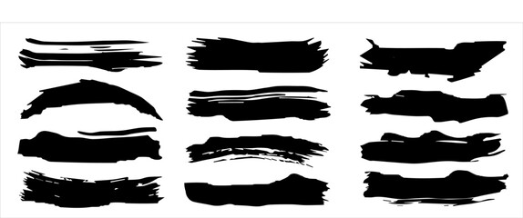 Wall Mural - Vector collection of artistic grungy black paint hand made creative brush stroke set isolated on banner background. A group of abstract grunge sketches for design education or graphic art decoration