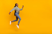 Full Body Profile Portrait Of Sportive Amazed Girl Look Empty Space Running Isolated On Yellow Color Background