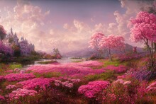 Fairy Tale Landscape With Many Flowers Illustration Design