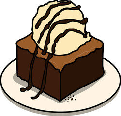 Sticker - Vector illustration of a cute cartoon brownie cake with ice cream