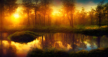 Illustration Sunset In A Peaceful Forest