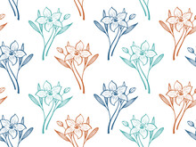 Daffodil Or Lily Flowers Vector Seamless Pattern Textile Print Summer Design.