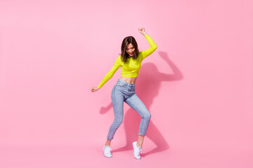 Wall Mural - full body photo of positive good mood lady raise arm fist has fun enjoy summer holiday corporate dan