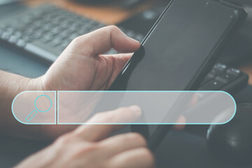 Wall Mural - search engine optimization concept woman's hand using a smartphone to search for information on the Internet online that can find information conveniently, quickly, easy to use in daily life