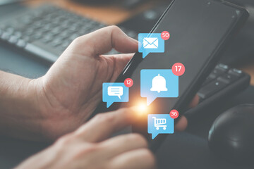 Wall Mural - Social media technology concept, man hand using smartphone Login to the online network Use social media to do business and marketing payment from home through the Internet.