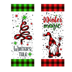 Two vertical Christmas designs with congratulations, a Christmas tree and a cheerful gnome in a Scandinavian checkered pattern. Sublimation design for vertical posters, cards, candles, glasses