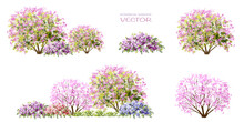 Vector Watercolor Blooming Flower Tree Or Forest Side View Isolated On White Background For Landscape And Architecture Drawing,elements For Environment And Garden,botanical For Section In Spring 