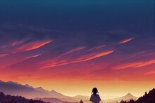 Anime Girl Looking At A Mountain Landscape. Atmospheric, Moody Feeling. Manga, Lofi Style. Sad Beautiful Background. 4K Chill Sunset. Cute Girl At Dusk.