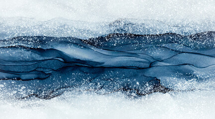 Aufkleber - Abstract watercolor and alcohol ink paint background navy blue and white flicks like snow with liquid fluid texture for background, banner in concept winter