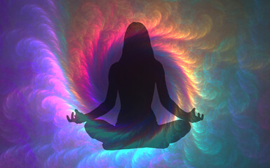 Wall Mural - Silhouette of a girl in Lotus position on the background of the fractal universe. A state of trance and deep meditation. A spiritual journey in the universe.