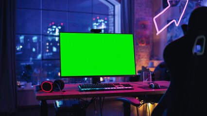 Poster - Gaming at Home: Empty Gaming Station with Player's Personal Computer with Green Screen Chroma Key Display Standing on a Wooden Desk in Stylish Loft Apartment with Neon Lights. 