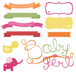 Wall Mural - set of banner ribbons and labels for newborn baby girl cards