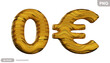 Golden letter zero and euro with a shiny wavy texture. 3D illustration