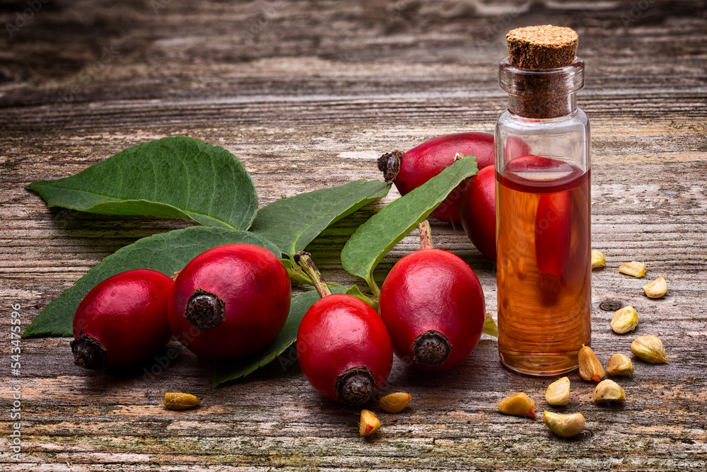 Rosehip seed oil (Rosa canina); with berries on wooden table. essential oil  Stock-foto | Adobe Stock
