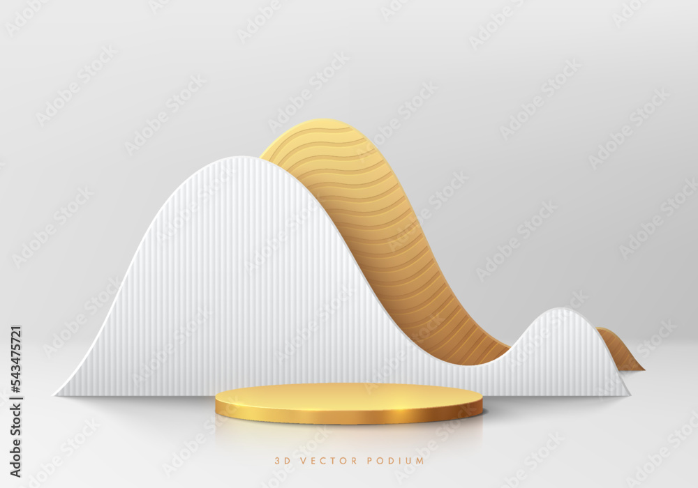 Realistic golden 3D cylinder pedestal podium with luxury white wavy ...