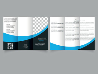 tri-fold brochure design with blue and black wave. Flyer for printing.