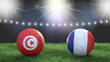 Two soccer balls in flags colors on stadium blurred background. Tunisia vs France. 3d image
