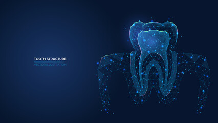 Futuristic abstract symbol tooth structure. Wireframe concept of healthy teeth, oral hygiene, dental care. Low poly geometric 3d wallpaper background vector illustration.