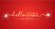 Hello 2023 New Year gold handwritten line design typography white sparkle firework on red background banner