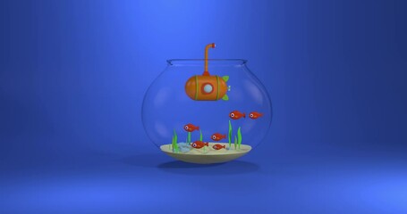 Wall Mural - Animation of fun cartoon orange and green submarine and fish, seaweed in fishbowl on blue background. Summer animation, 3D rendering