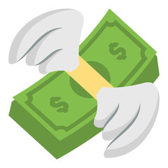 Money with Wings vector flat emoji icon design. Isolated banded stack dollar bills with Feather Wings, as if Flying sign symbol design.