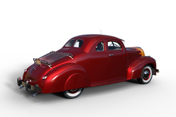 Poster - Rear perspective view 3D illustration of a customised old vintage American car isolated on white.