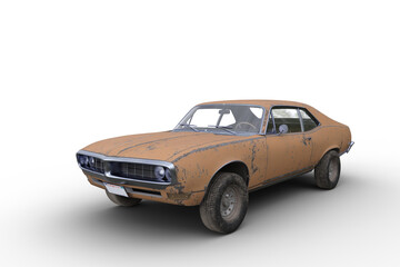Poster - 3D rendering of an old retro American muscle car with rusty yellow body isolated on transparent background.