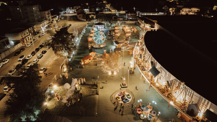 Wall Mural - aerial image of Vila Germânica Park at night, Blumenau city, Santa Catarina, southern Brazil, oktoberfest, easterfest, decoration, lights