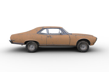 Poster - Side view 3D rendering of an old retro American muscle car with rusty yellow body isolated on transparent background.