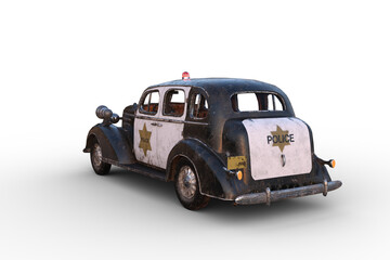 Poster - Rear corner view 3D illustration of a rusty dirty old vintage police car isolated on white.