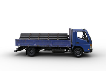 Poster - Side view 3D illustration of a blue flat bed truck loaded with pipes isolated on transparent background