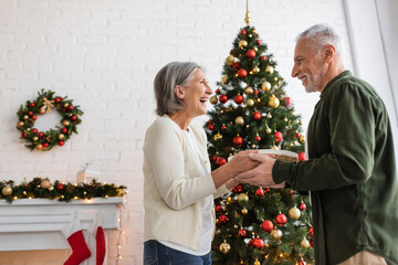 Wall Mural - happy middle aged couple holding wicker basket near decorated christmas tree