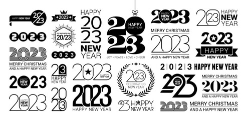 Wall Mural - Big Set of 2023 Happy New Year logo text design. 2023 number design template. Collection of 2023 Happy New Year symbols