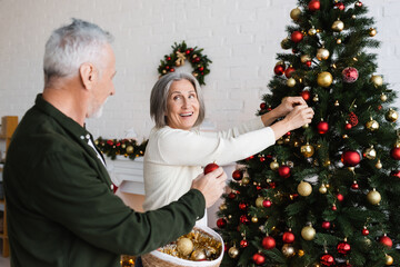 Wall Mural - happy middle aged woman with grey hair decorating christmas tree and looking at husband holding wicker basket