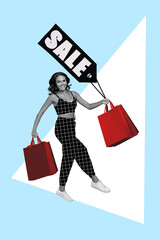 Poster - Vertical collage picture of positive pretty girl black white effect hold bags enjoy sale limited time proposition isolated on drawing background