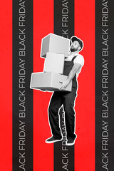 Sticker - Collage photo of young funny courier free delivery man bring parcel for customers new ebay big sale black friday isolated on red background