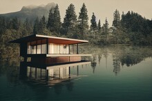  A Houseboat Floating On A Lake Surrounded By Trees And Mountains In The Background With A Reflection Of The Water.