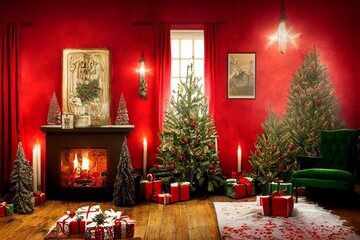 Cozy vintage Christmas holdiay decorated room with red walls and curtains, Christmas tree, fireplace, candles, toys, fur carpet and tartan plaid armchair.