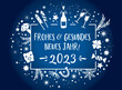 Wir wünschen frohes und gesundes neues Jahr 2023 - Kalligraphie mit Symbolen - deutscher Text auf blauem Hintergrund