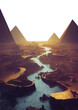 An epic fantasy concept art scene of the pyramids of Egypt. River flowing. Birdseye view.  Isolated transparent background. 
