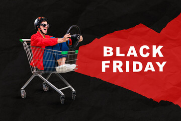 Sticker - Creative collage picture of excited guy sit market trolley hold wheel black friday limited time only proposition isolated on painted background