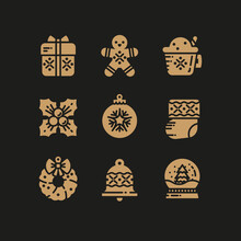 Christmas Icons Set. Vector Pictograms For Gift, Wreath, Bell, Berry, Gingerbread Man, Snowball, Christmas Tree Ball And Stocking On Black Background. Common Symbols Perfect For Greeting Cards, Flyers