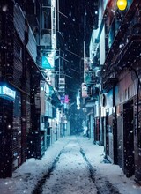There Is A City Street With Tall Buildings On Either Side. The Streetlights Illuminate The Scene And Snow Is Falling Gently, Creating A Peaceful Atmosphere.