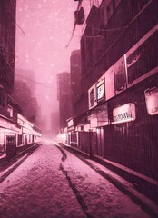 Wall Mural - The city street is empty and the air is cold. The buildings are tall and the sidewalks are clean. The lights from the windows illuminate the snow on the ground.